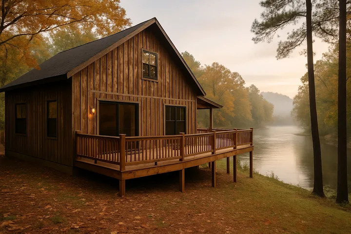 Illustrative Mountain Fork River riverfront cabin near Broken Bow